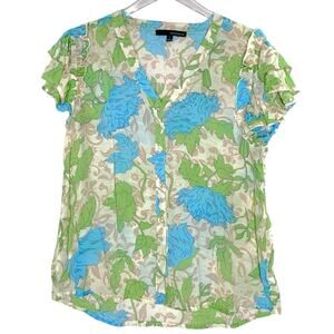 Harve Benard L Womens Blue Green Floral Lightweight Blouse Ruffle Sleeve